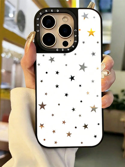 1pc Makeup Mirror Phone Case White Background Polka Dot & Star Pattern Full Coverage TPU Anti-Drop Phone Case Compatible With Apple 17 16 15 14 13 12 11 Pro Max