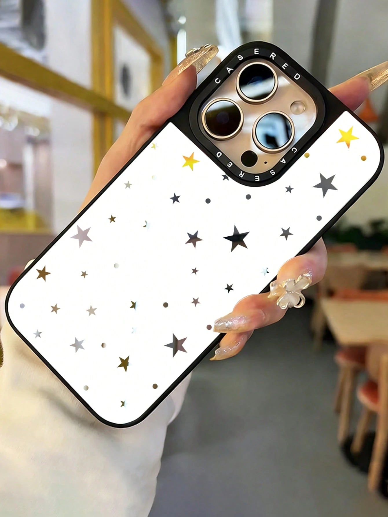 1pc Makeup Mirror Phone Case White Background Polka Dot & Star Pattern Full Coverage TPU Anti-Drop Phone Case Compatible With Apple 17 16 15 14 13 12 11 Pro Max