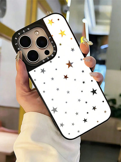 1pc Makeup Mirror Phone Case White Background Polka Dot & Star Pattern Full Coverage TPU Anti-Drop Phone Case Compatible With Apple 17 16 15 14 13 12 11 Pro Max