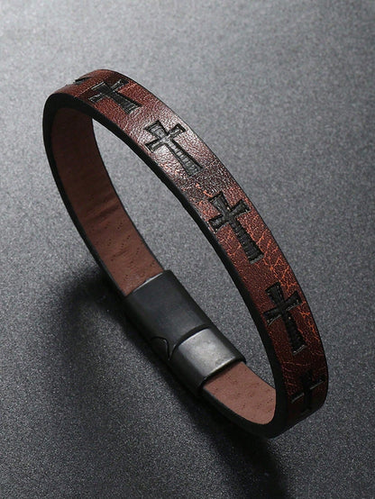 1pc Men's Fashion PU Leather Cross Magnetic Buckle Vintage Minimalist Braided Leather Bracelet- Father's Day, Birthday, Anniversary Gift Accessory