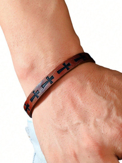 1pc Men's Fashion PU Leather Cross Magnetic Buckle Vintage Minimalist Braided Leather Bracelet- Father's Day, Birthday, Anniversary Gift Accessory