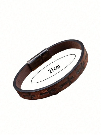 1pc Men's Fashion PU Leather Cross Magnetic Buckle Vintage Minimalist Braided Leather Bracelet- Father's Day, Birthday, Anniversary Gift Accessory