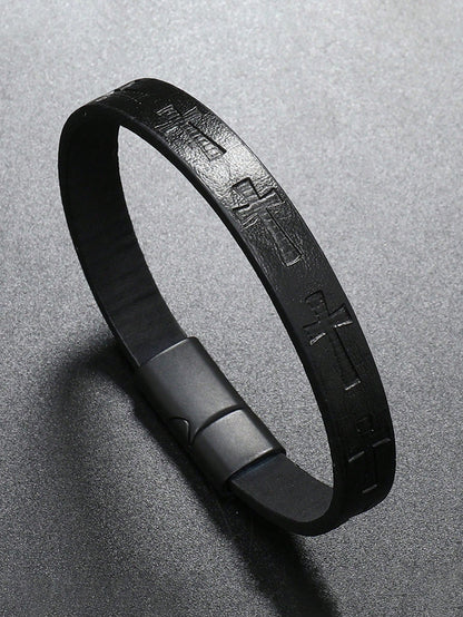 1pc Men's Fashion PU Leather Cross Magnetic Buckle Vintage Minimalist Braided Leather Bracelet- Father's Day, Birthday, Anniversary Gift Accessory