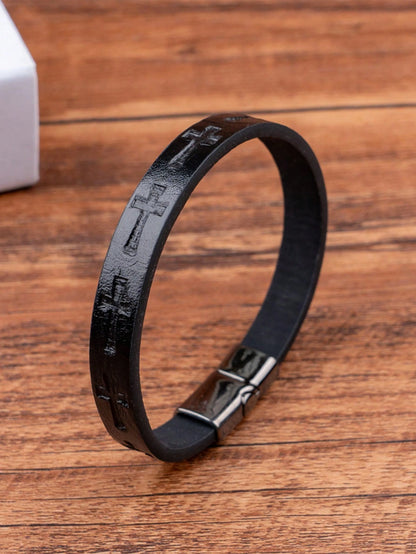 1pc Men's Fashion PU Leather Cross Magnetic Buckle Vintage Minimalist Braided Leather Bracelet- Father's Day, Birthday, Anniversary Gift Accessory
