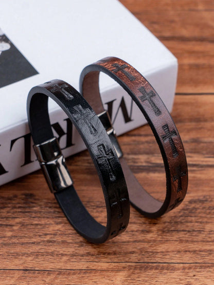 1pc Men's Fashion PU Leather Cross Magnetic Buckle Vintage Minimalist Braided Leather Bracelet- Father's Day, Birthday, Anniversary Gift Accessory
