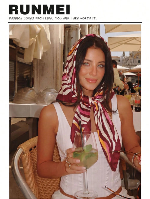 1pc Minimalist Printed Satin Square Scarf, Women's Spring New Fashion Headscarf, Can Be Used As Belt, Bag Accessory, Ribbon, Hairband Or Headscarf