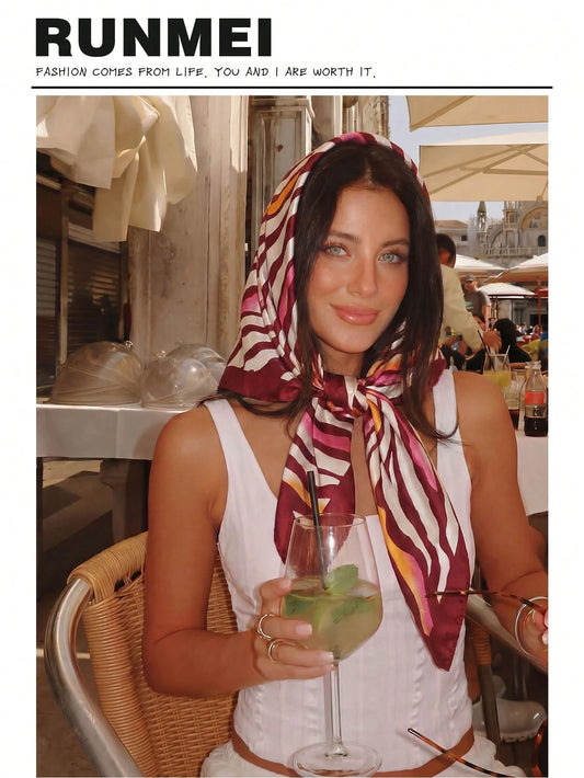 1pc Minimalist Printed Satin Square Scarf, Women's Spring New Fashion Headscarf, Can Be Used As Belt, Bag Accessory, Ribbon, Hairband Or Headscarf