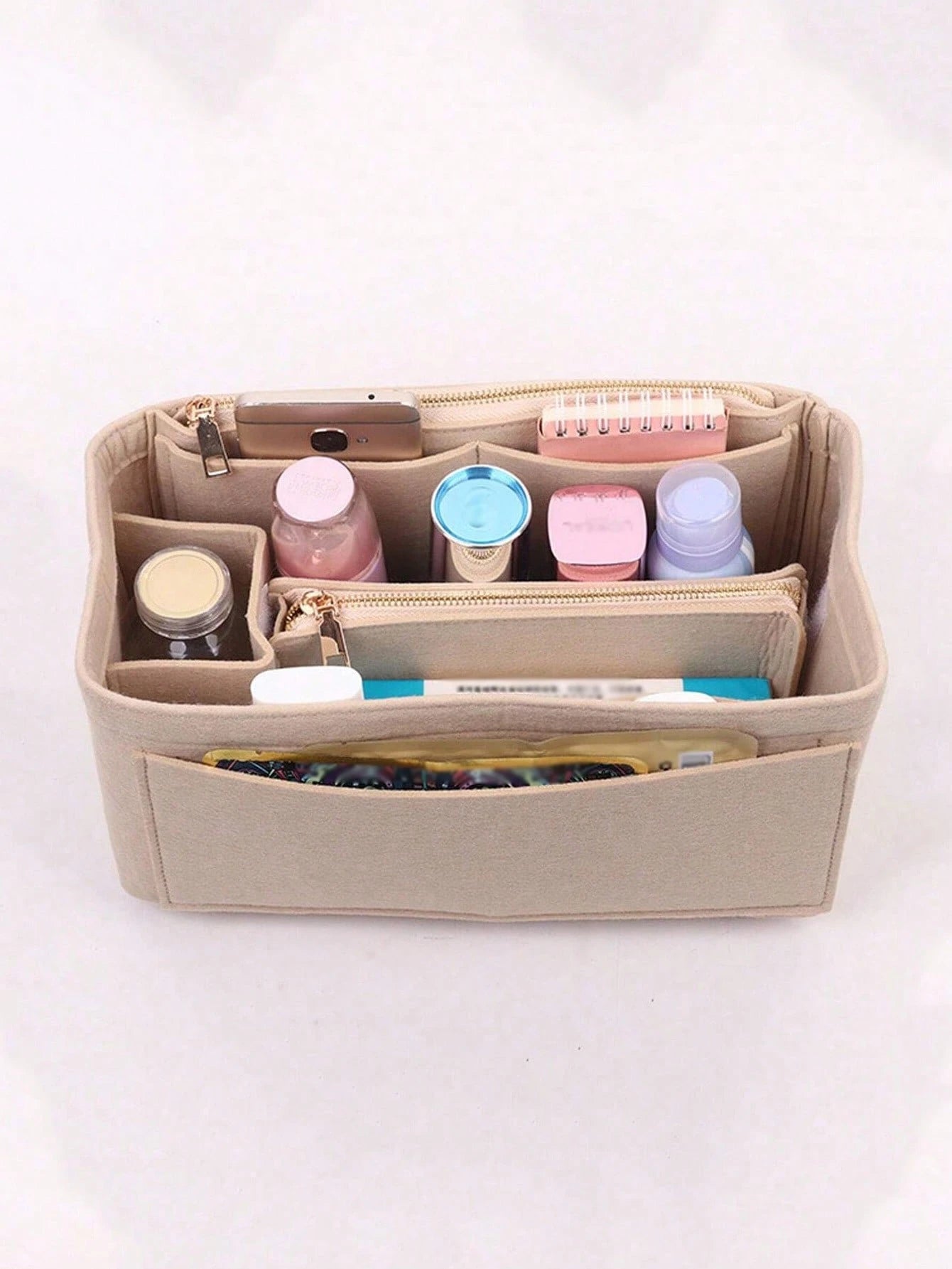 1pc Multi-Functional Large Capacity Expandable Internal Structure Felt Cosmetic Bag, With Inner Lining, Toiletry Bag Makeup Bag Containing Support Pockets, Desktop Storage Box, School Supplies, Teache