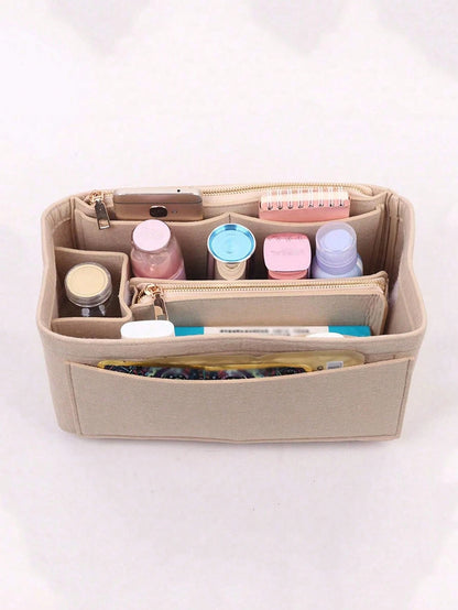 1pc Multi-Functional Large Capacity Expandable Internal Structure Felt Cosmetic Bag, With Inner Lining, Toiletry Bag Makeup Bag Containing Support Pockets, Desktop Storage Box, School Supplies, Teache