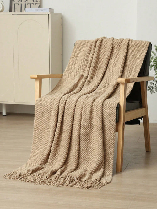 1pc Mustard Yellow Knitted Throw Blanket With Tassels, Soft Cozy Textured Woven Fringe Blanket For Couch Sofa Bed, All Season Decorative Warm Knit Blanket