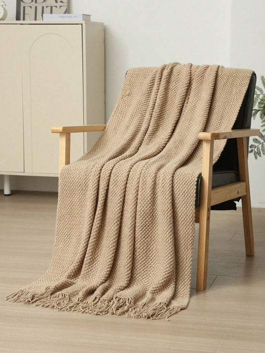 1pc Mustard Yellow Knitted Throw Blanket With Tassels, Soft Cozy Textured Woven Fringe Blanket For Couch Sofa Bed, All Season Decorative Warm Knit Blanket