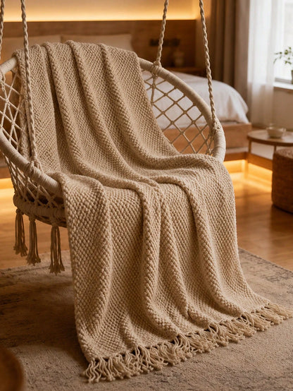 1pc Mustard Yellow Knitted Throw Blanket With Tassels, Soft Cozy Textured Woven Fringe Blanket For Couch Sofa Bed, All Season Decorative Warm Knit Blanket