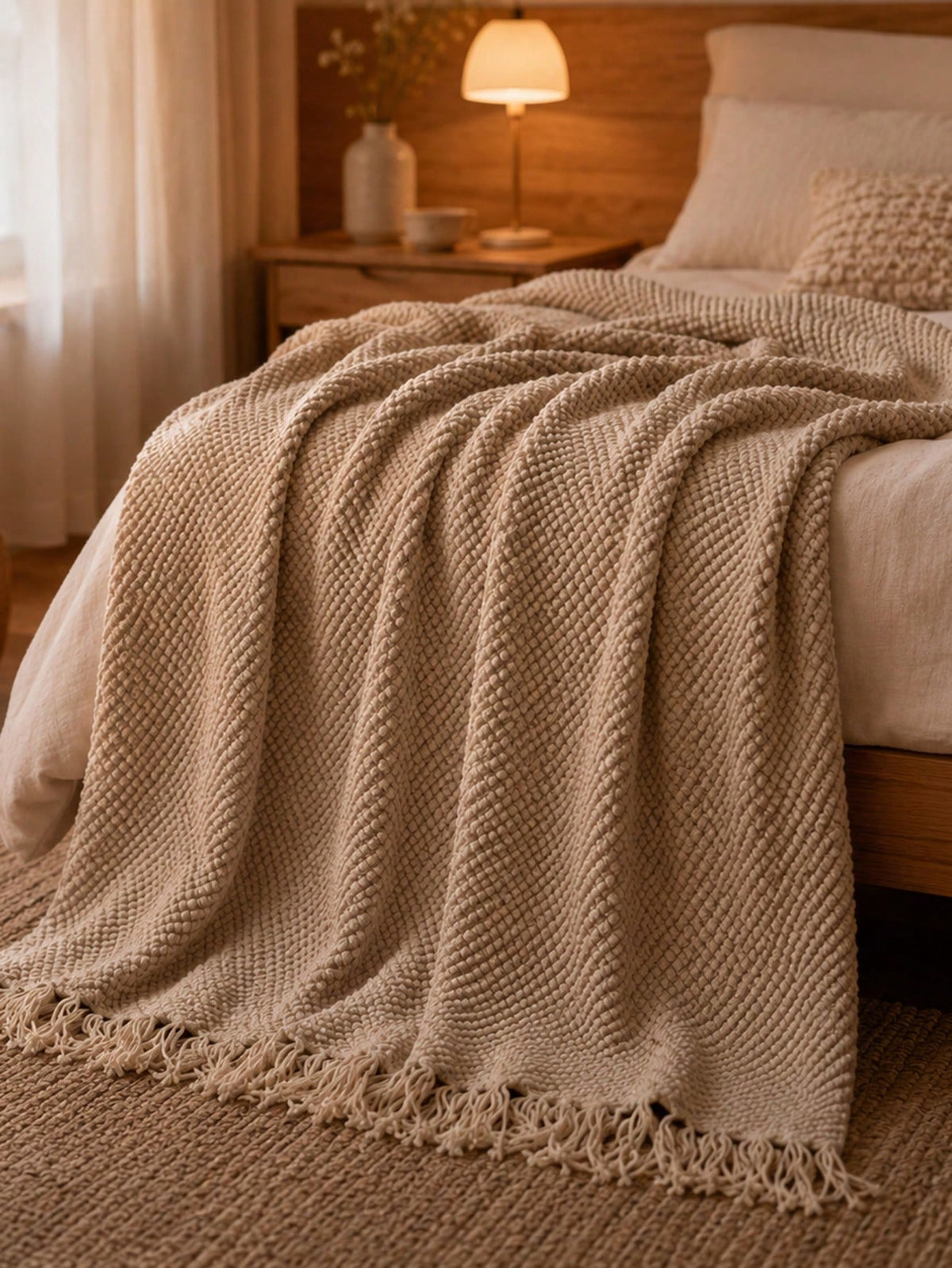 1pc Mustard Yellow Knitted Throw Blanket With Tassels, Soft Cozy Textured Woven Fringe Blanket For Couch Sofa Bed, All Season Decorative Warm Knit Blanket