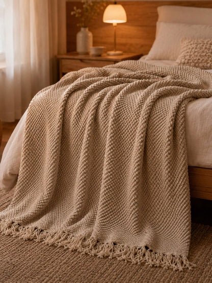 1pc Mustard Yellow Knitted Throw Blanket With Tassels, Soft Cozy Textured Woven Fringe Blanket For Couch Sofa Bed, All Season Decorative Warm Knit Blanket
