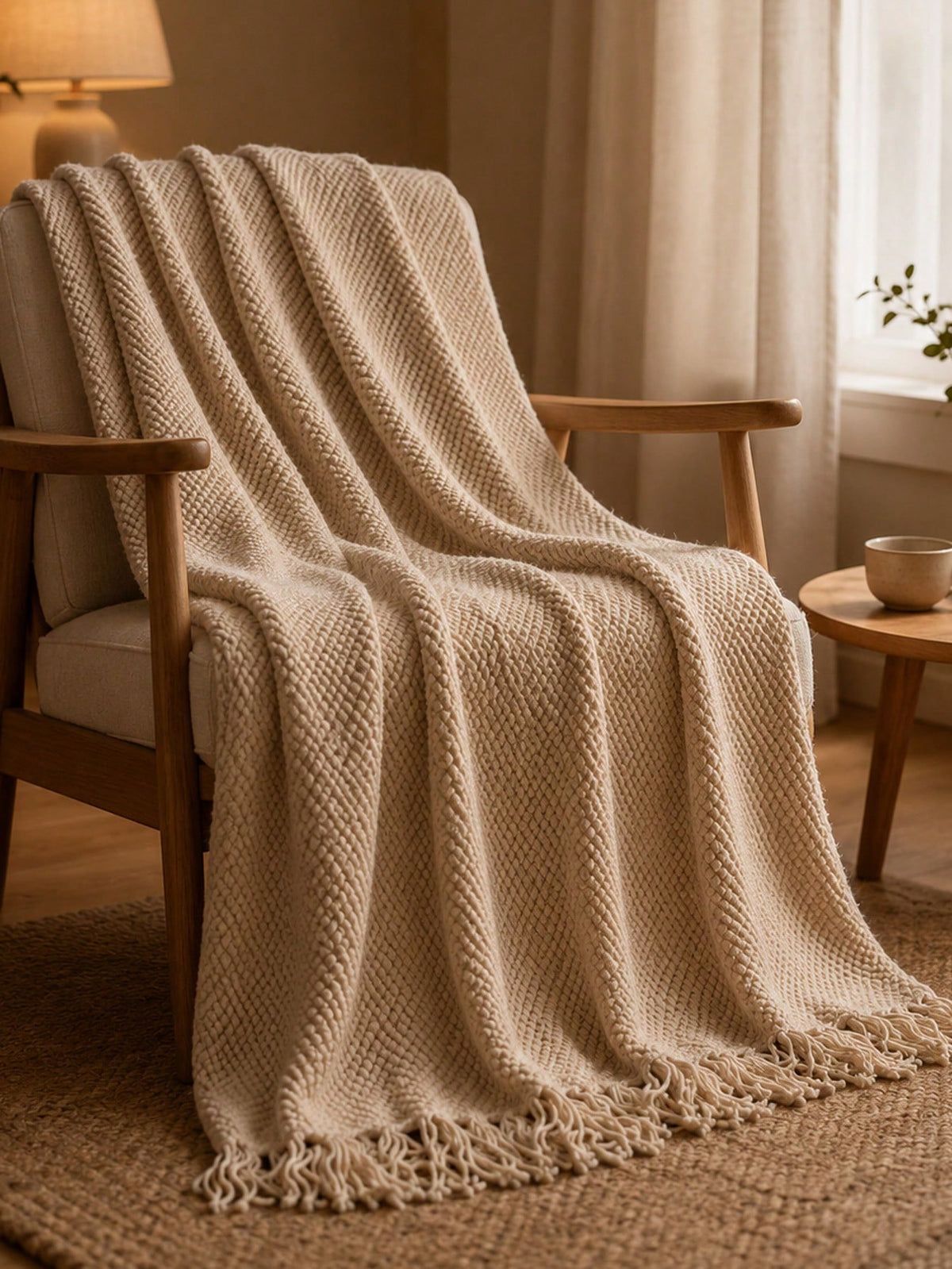 1pc Mustard Yellow Knitted Throw Blanket With Tassels, Soft Cozy Textured Woven Fringe Blanket For Couch Sofa Bed, All Season Decorative Warm Knit Blanket