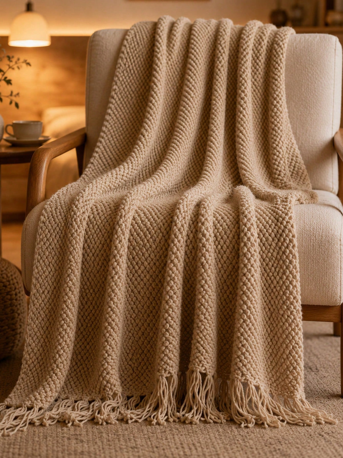 1pc Mustard Yellow Knitted Throw Blanket With Tassels, Soft Cozy Textured Woven Fringe Blanket For Couch Sofa Bed, All Season Decorative Warm Knit Blanket