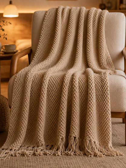 1pc Mustard Yellow Knitted Throw Blanket With Tassels, Soft Cozy Textured Woven Fringe Blanket For Couch Sofa Bed, All Season Decorative Warm Knit Blanket