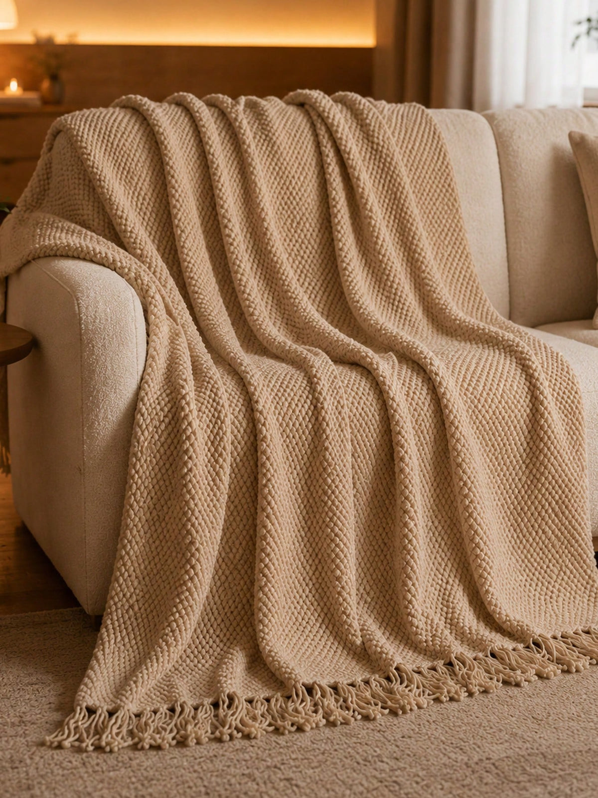 1pc Mustard Yellow Knitted Throw Blanket With Tassels, Soft Cozy Textured Woven Fringe Blanket For Couch Sofa Bed, All Season Decorative Warm Knit Blanket