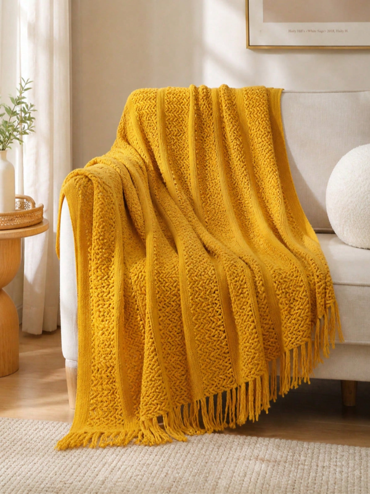 1pc Mustard Yellow Knitted Throw Blanket With Tassels, Soft Cozy Textured Woven Fringe Blanket For Couch Sofa Bed, All Season Decorative Warm Knit Blanket