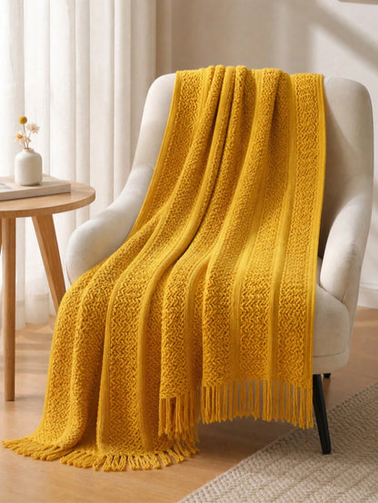 1pc Mustard Yellow Knitted Throw Blanket With Tassels, Soft Cozy Textured Woven Fringe Blanket For Couch Sofa Bed, All Season Decorative Warm Knit Blanket