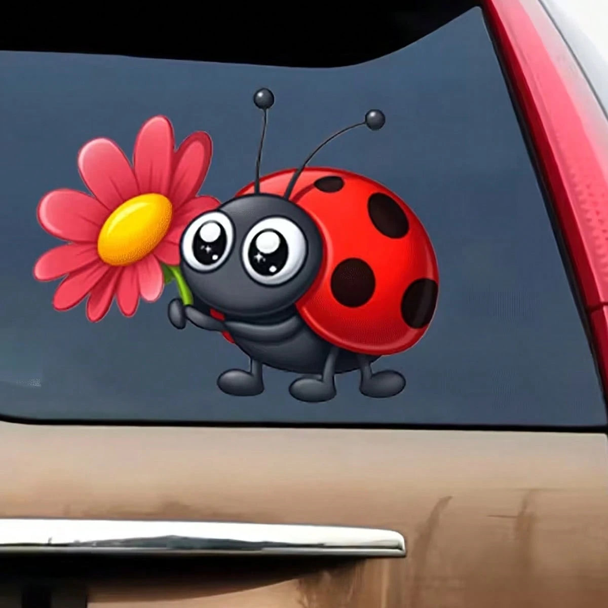 1pc Natural Spirit Exquisite Ladybug Holding Flower Cartoon Decorative Stickers- Suitable For Bumpers, Cars, Refrigerators, Suitcases, Motorcycles, Racing Cars, Fishing Boats, And Laptops.