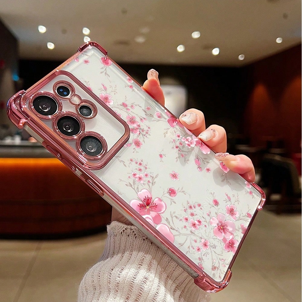 1pc New Minimalist Pink Peach Blossom Electroplated Airbag Anti-Drop/Thickened Transparent TPU Protective Case Compatible With Apple 17 Pro Max/16 Pro/16/13 Pro Max/12 Pro Max 11, 15 Pro Max, 14 Pro M