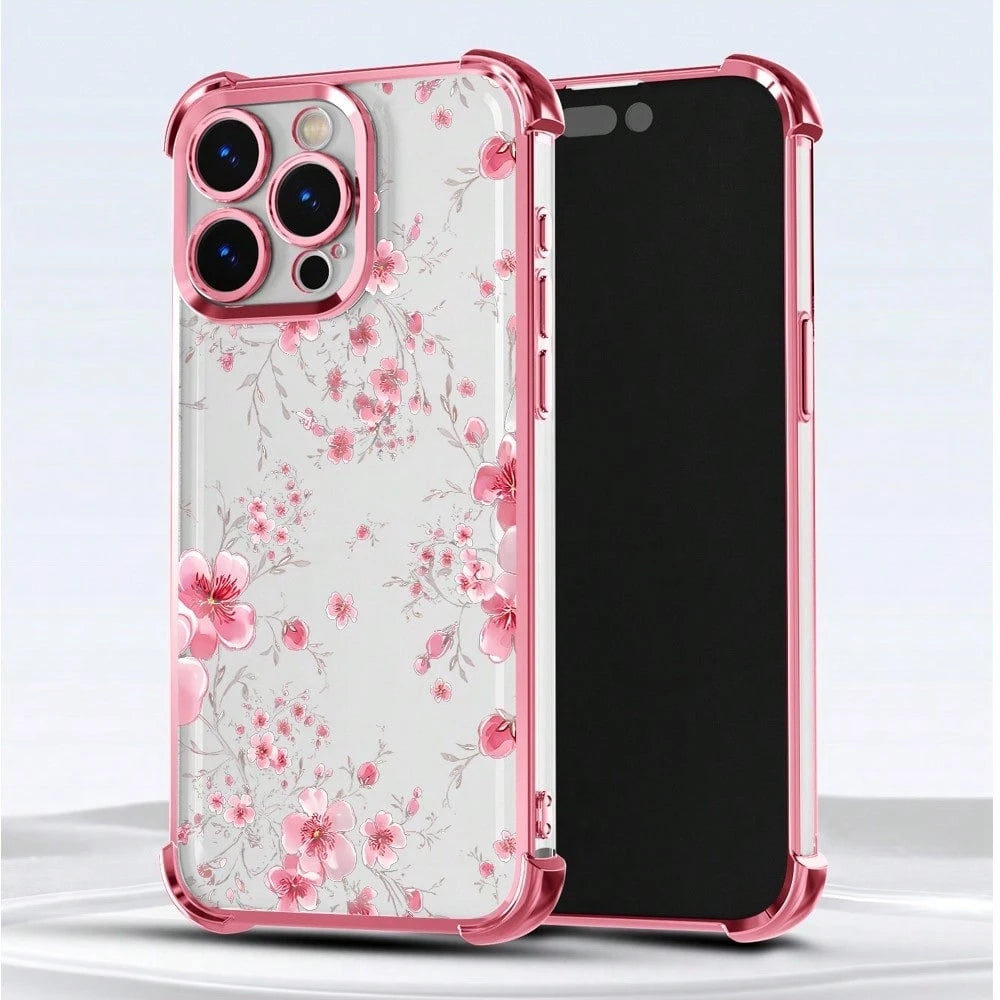 1pc New Minimalist Pink Peach Blossom Electroplated Airbag Anti-Drop/Thickened Transparent TPU Protective Case Compatible With Apple 17 Pro Max/16 Pro/16/13 Pro Max/12 Pro Max 11, 15 Pro Max, 14 Pro M