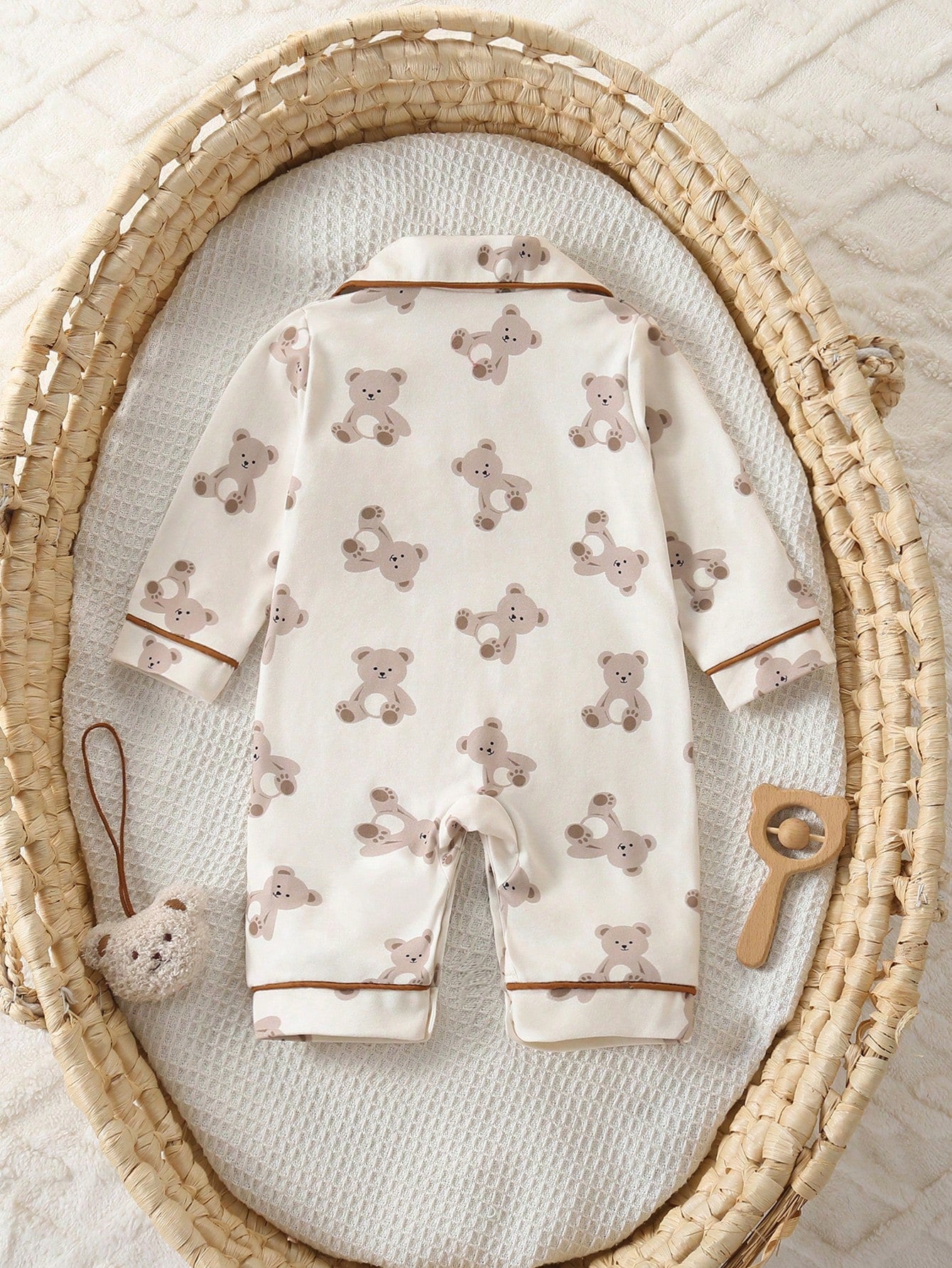 1pc Newborn Baby Boy Long Sleeve Snap-Up Jumpsuit, Cute Bear Digital Print, Knit Fabric, Adorable Style Night Photoshoot Off-White Autumn Kawaii Cute