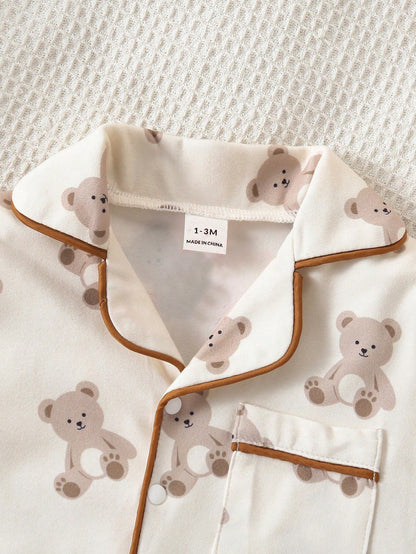 1pc Newborn Baby Boy Long Sleeve Snap-Up Jumpsuit, Cute Bear Digital Print, Knit Fabric, Adorable Style Night Photoshoot Off-White Autumn Kawaii Cute