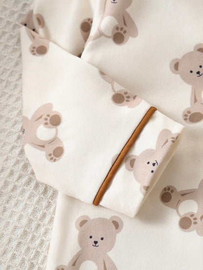 1pc Newborn Baby Boy Long Sleeve Snap-Up Jumpsuit, Cute Bear Digital Print, Knit Fabric, Adorable Style Night Photoshoot Off-White Autumn Kawaii Cute