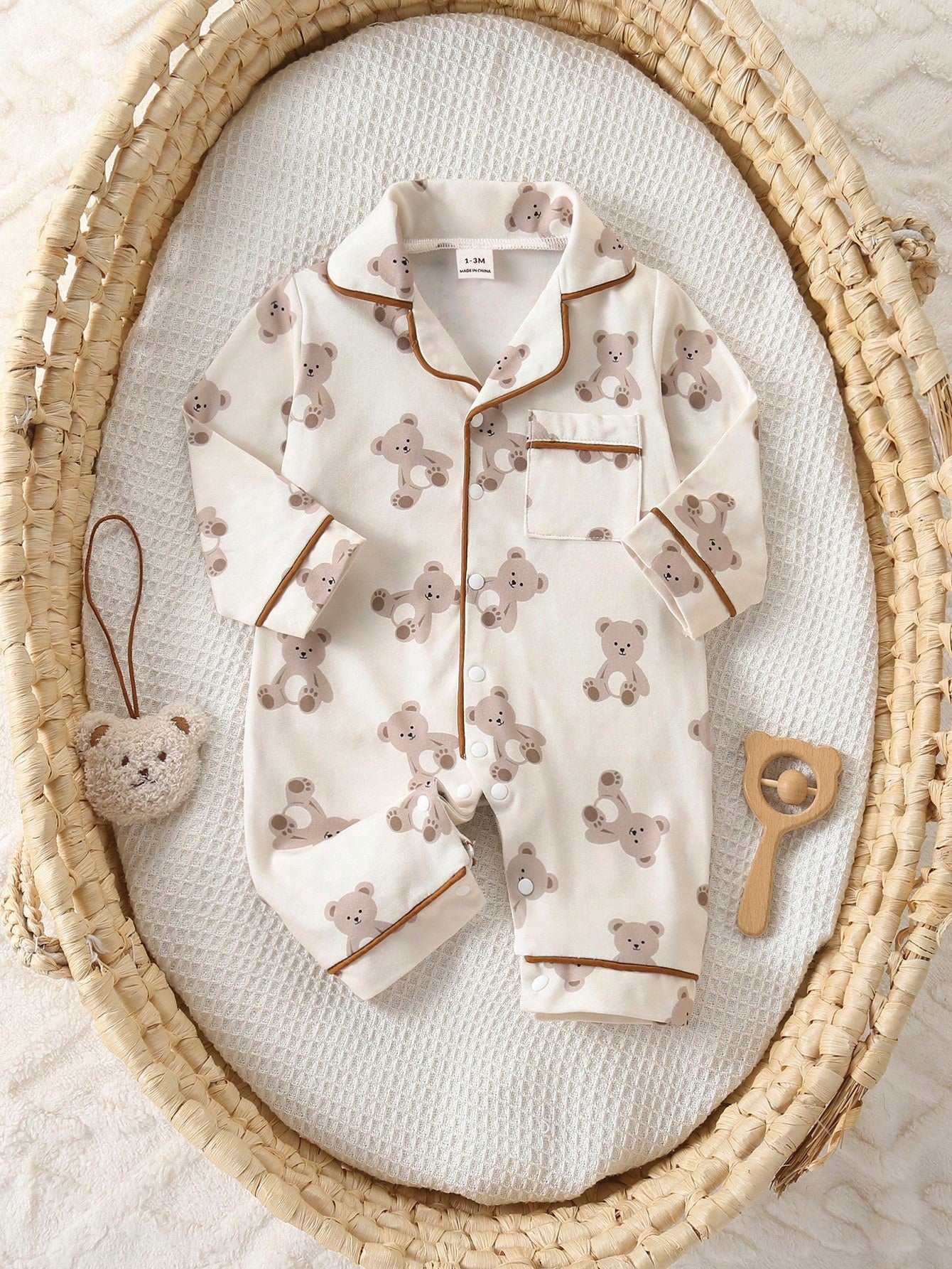1pc Newborn Baby Boy Long Sleeve Snap-Up Jumpsuit, Cute Bear Digital Print, Knit Fabric, Adorable Style Night Photoshoot Off-White Autumn Kawaii Cute
