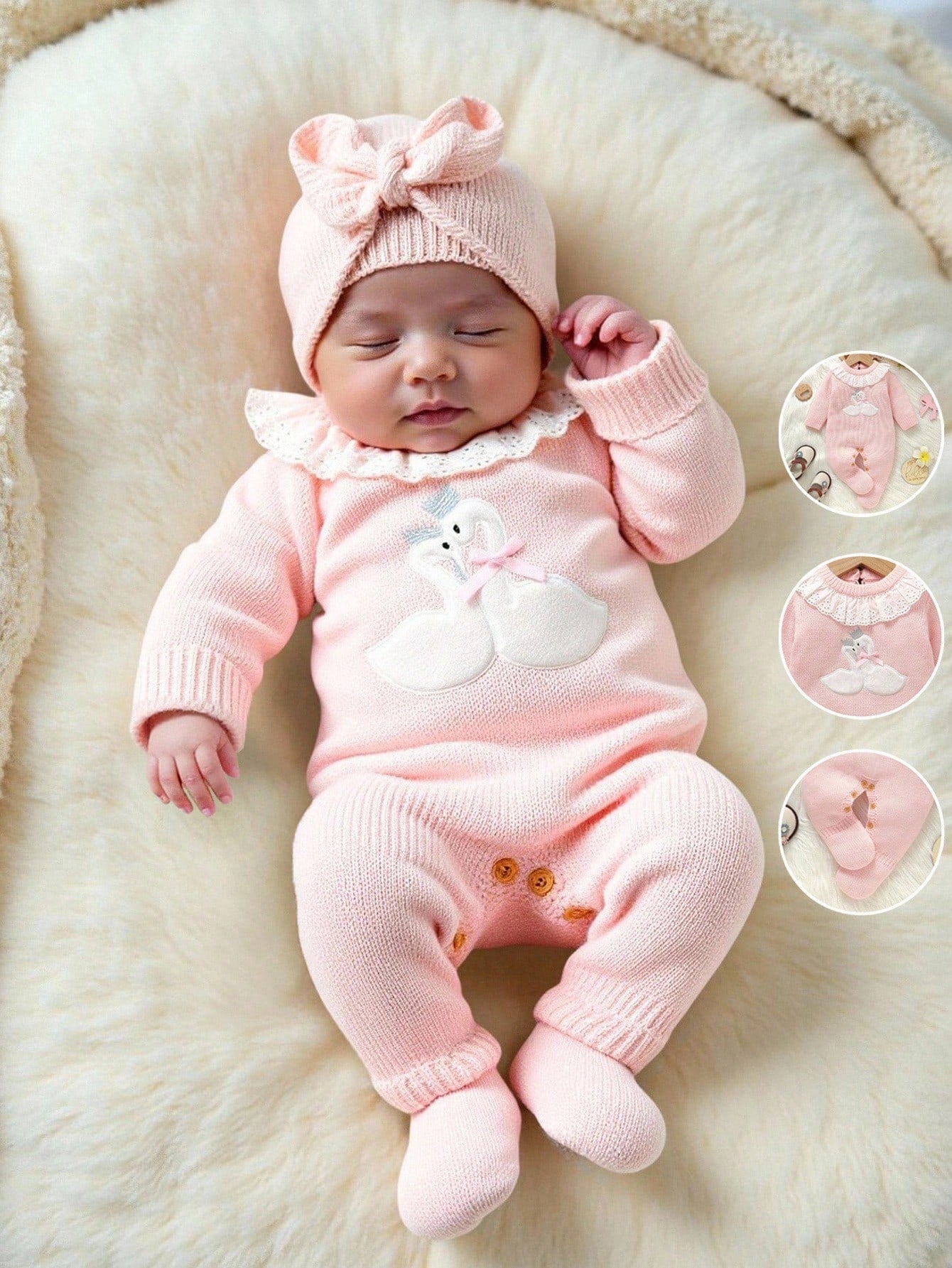 1pc Newborn Baby Girl Light Pink Sweater Romper,Cute Swan Embroidery Lace Collar Long Sleeve Bodysuit,Sweet Knitted Autumn Winter Clothes Outfit