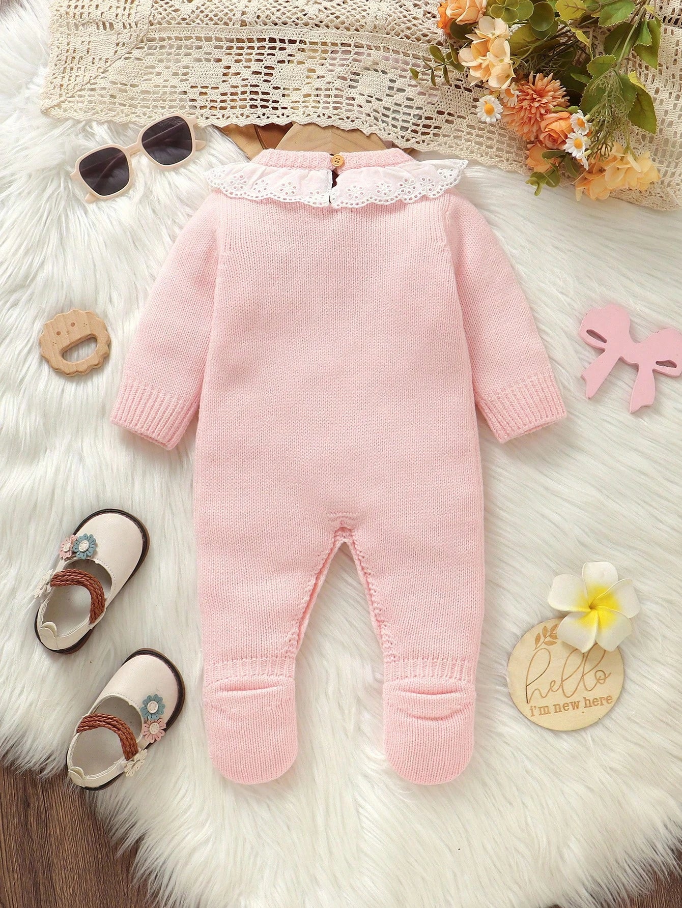 1pc Newborn Baby Girl Light Pink Sweater Romper,Cute Swan Embroidery Lace Collar Long Sleeve Bodysuit,Sweet Knitted Autumn Winter Clothes Outfit