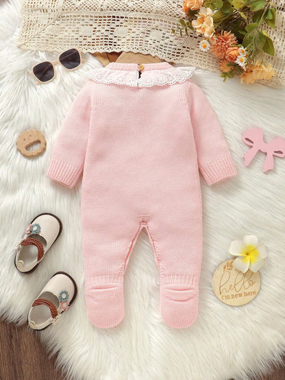 1pc Newborn Baby Girl Light Pink Sweater Romper,Cute Swan Embroidery Lace Collar Long Sleeve Bodysuit,Sweet Knitted Autumn Winter Clothes Outfit