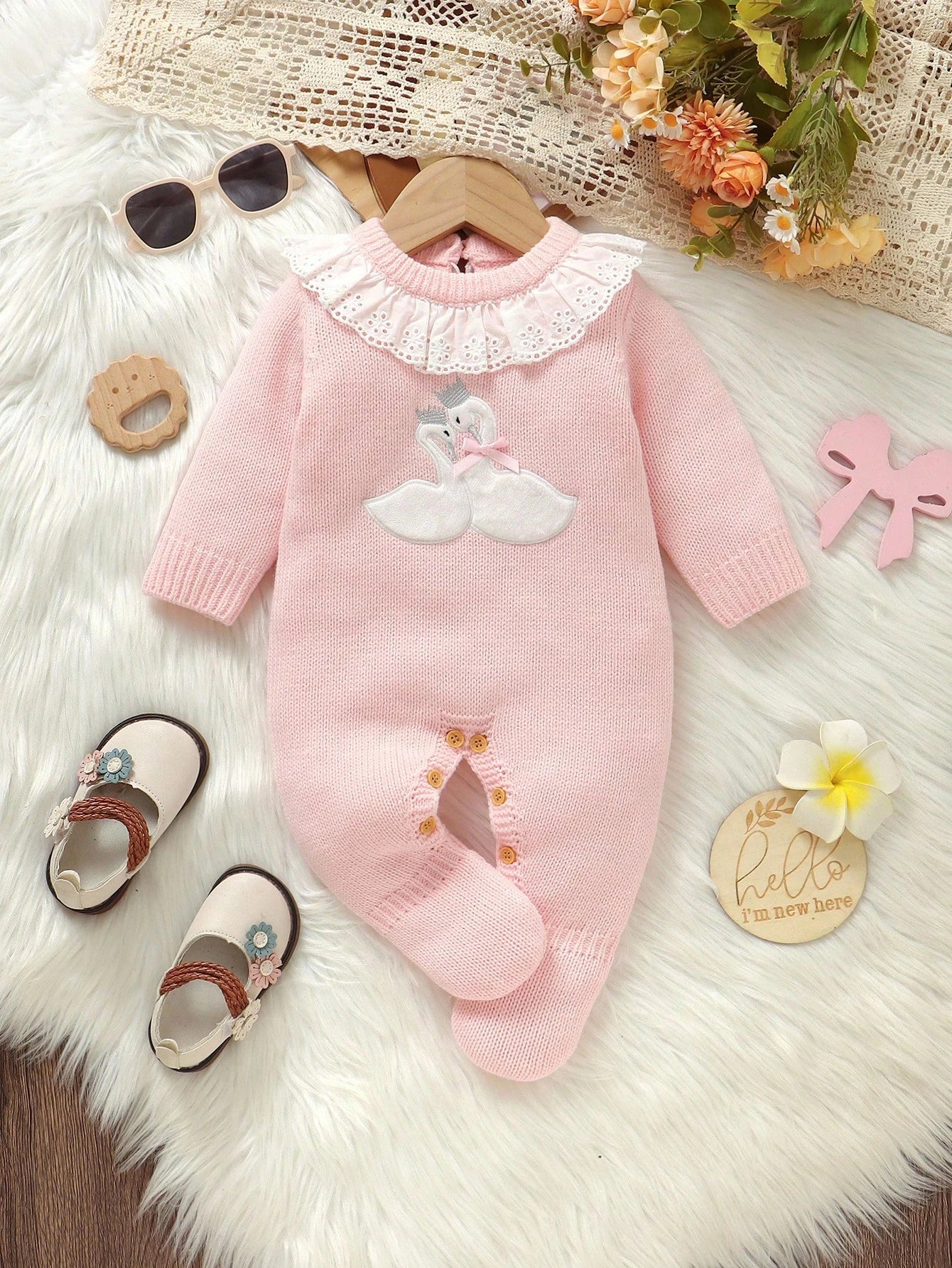 1pc Newborn Baby Girl Light Pink Sweater Romper,Cute Swan Embroidery Lace Collar Long Sleeve Bodysuit,Sweet Knitted Autumn Winter Clothes Outfit
