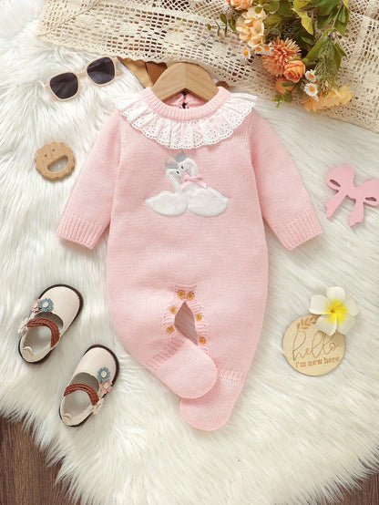 1pc Newborn Baby Girl Light Pink Sweater Romper,Cute Swan Embroidery Lace Collar Long Sleeve Bodysuit,Sweet Knitted Autumn Winter Clothes Outfit