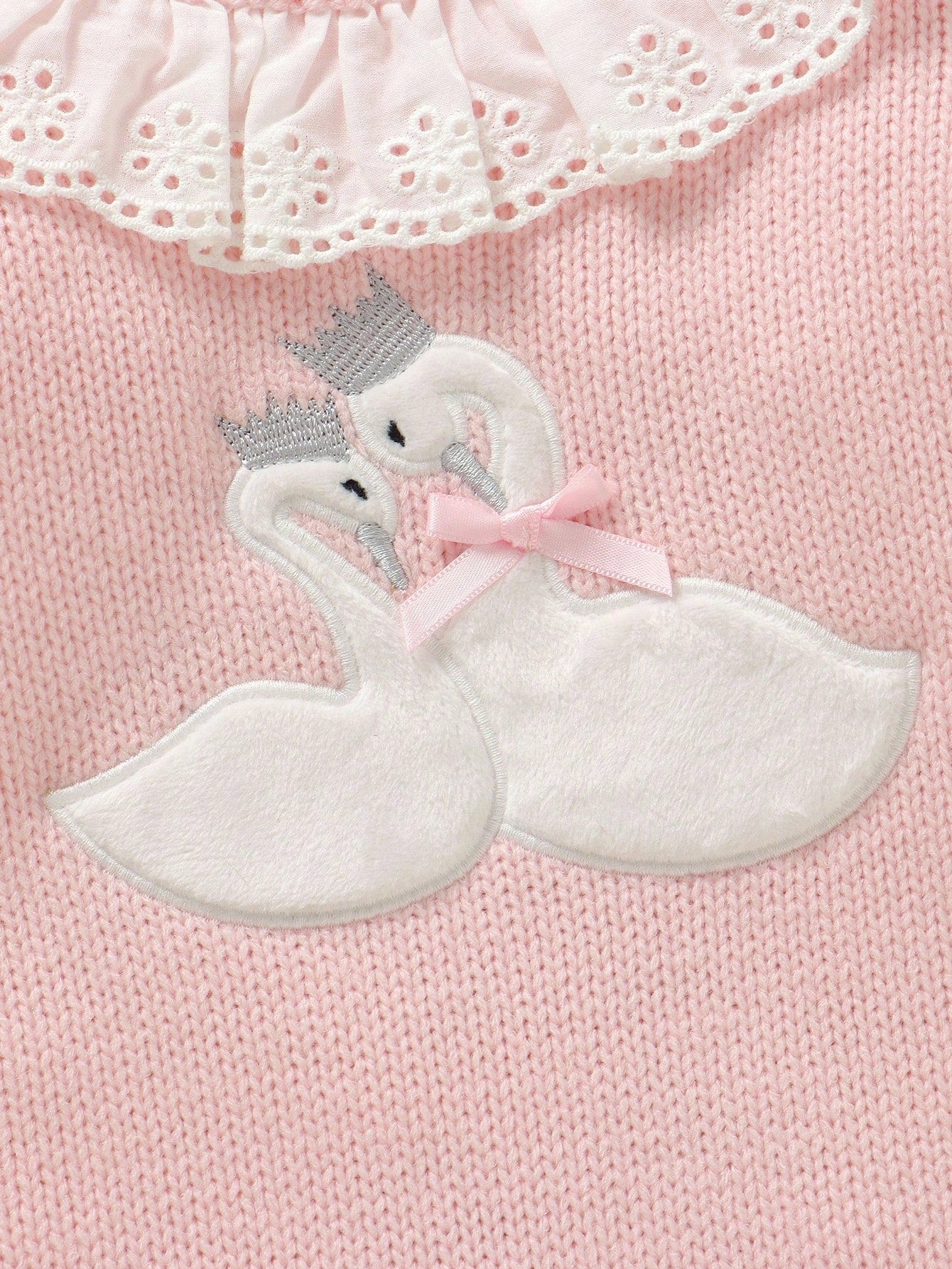 1pc Newborn Baby Girl Light Pink Sweater Romper,Cute Swan Embroidery Lace Collar Long Sleeve Bodysuit,Sweet Knitted Autumn Winter Clothes Outfit