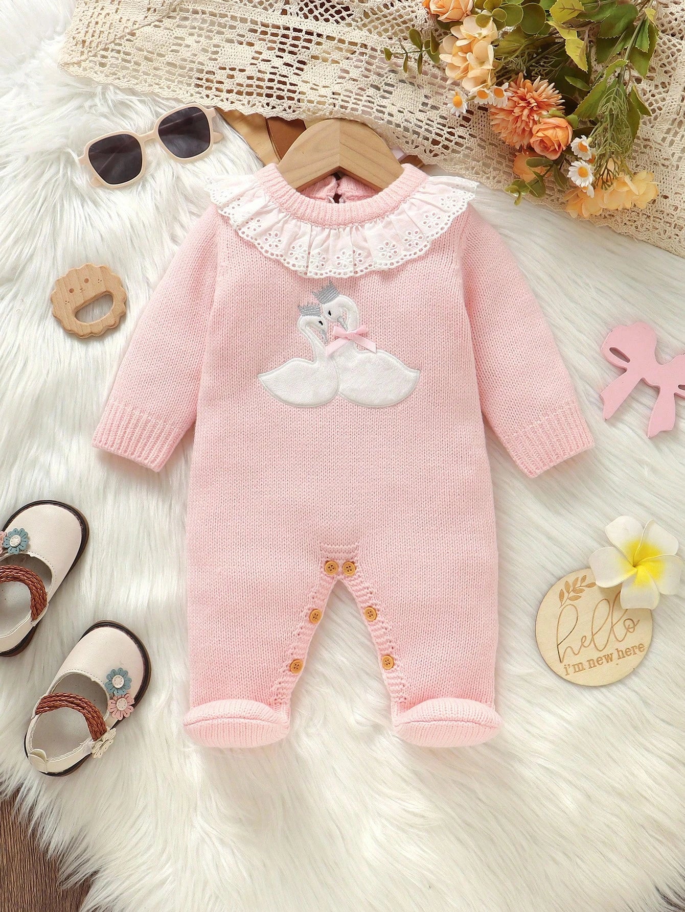1pc Newborn Baby Girl Light Pink Sweater Romper,Cute Swan Embroidery Lace Collar Long Sleeve Bodysuit,Sweet Knitted Autumn Winter Clothes Outfit