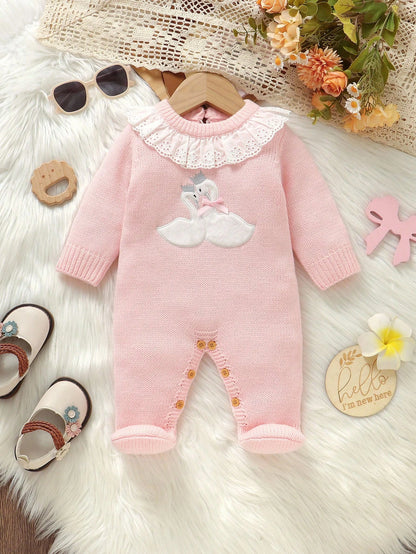 1pc Newborn Baby Girl Light Pink Sweater Romper,Cute Swan Embroidery Lace Collar Long Sleeve Bodysuit,Sweet Knitted Autumn Winter Clothes Outfit