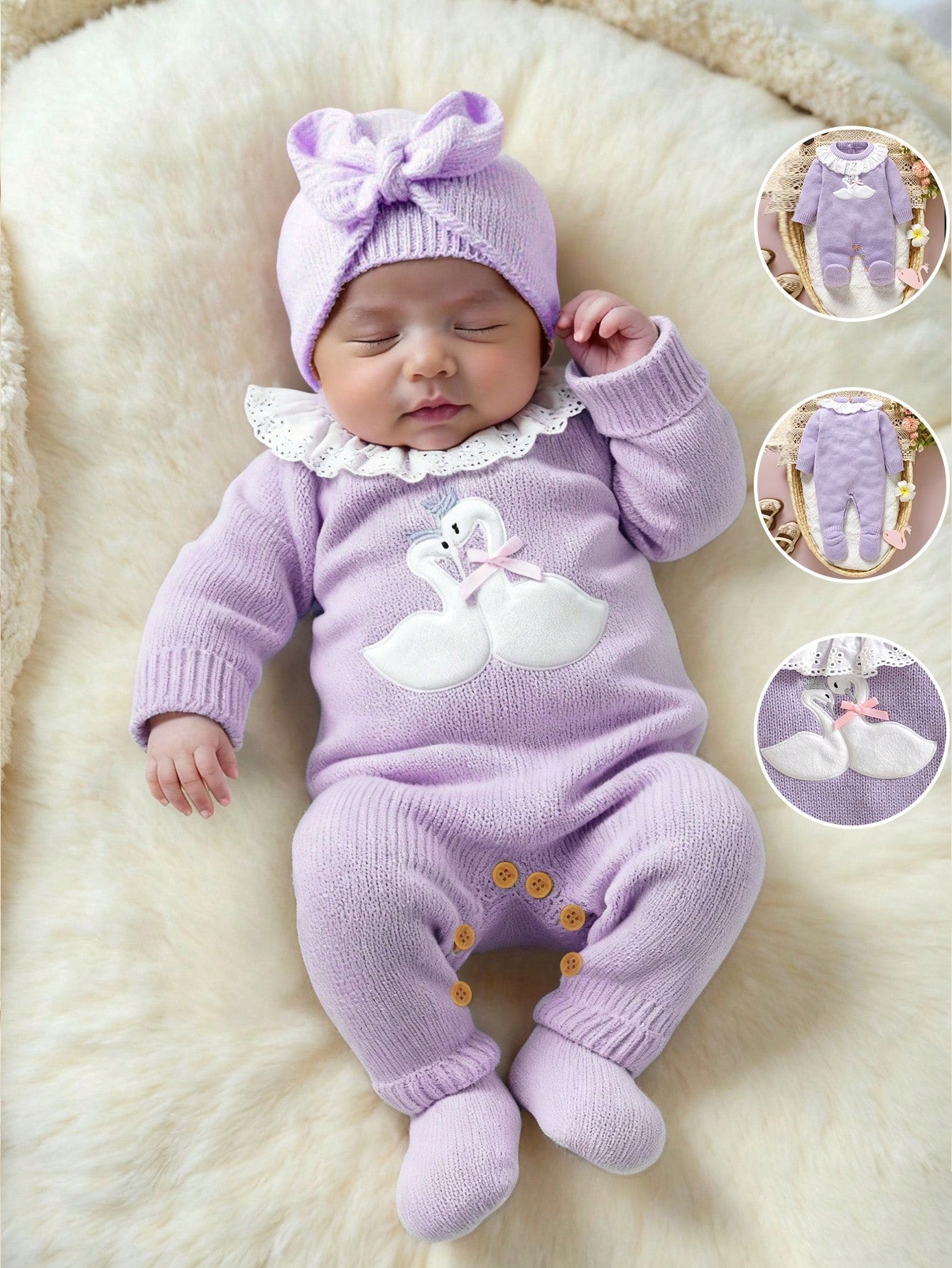 1pc Newborn Baby Girl Light Pink Sweater Romper,Cute Swan Embroidery Lace Collar Long Sleeve Bodysuit,Sweet Knitted Autumn Winter Clothes Outfit