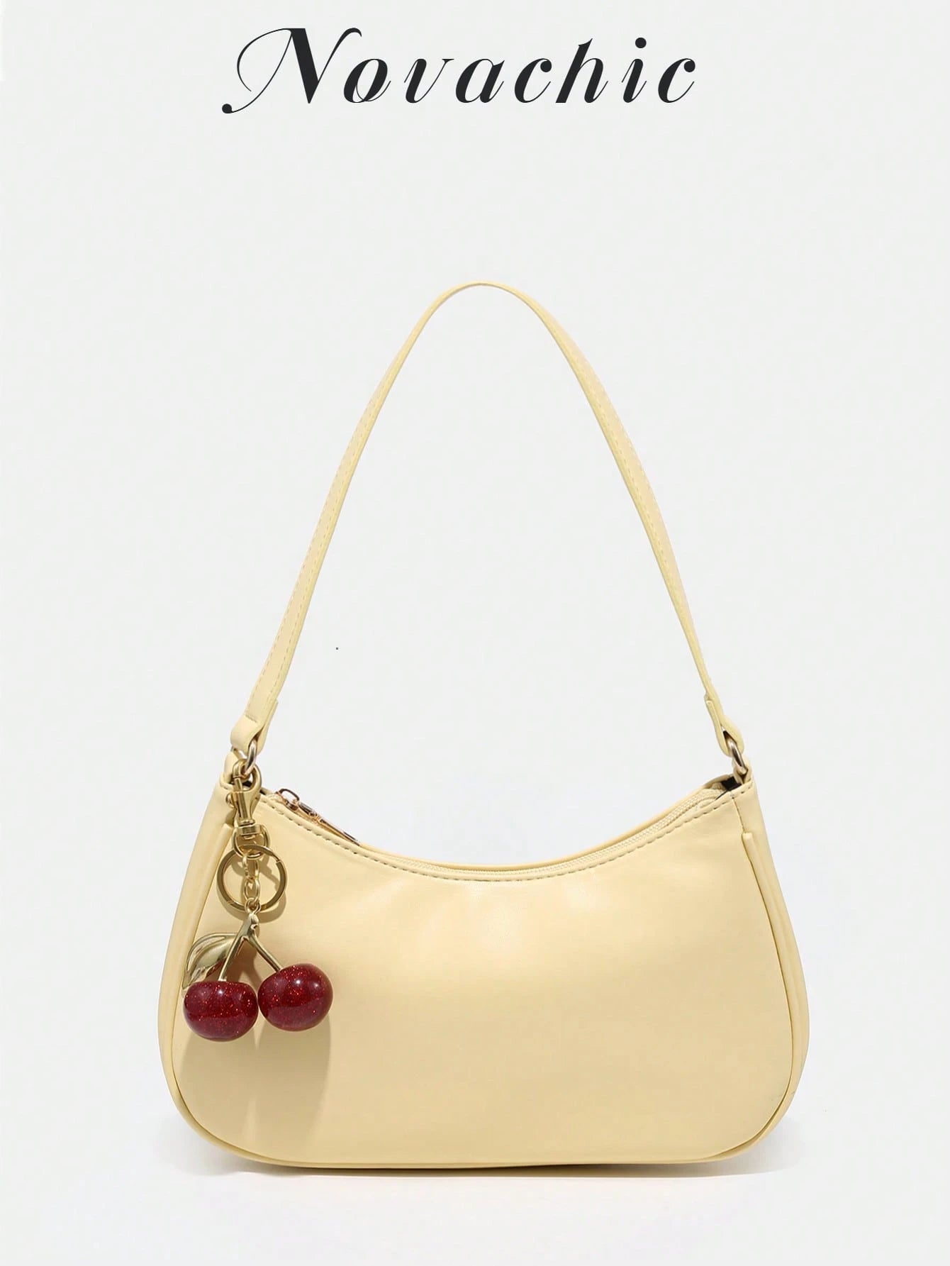 1pc Novachic Spring/Summer Fabric Cute Cherry Decor Accent Minimalist Women Shoulder Bag, Zipper Closure, Retro Style, Underarm Bag, Suitable For Multiple Occasions