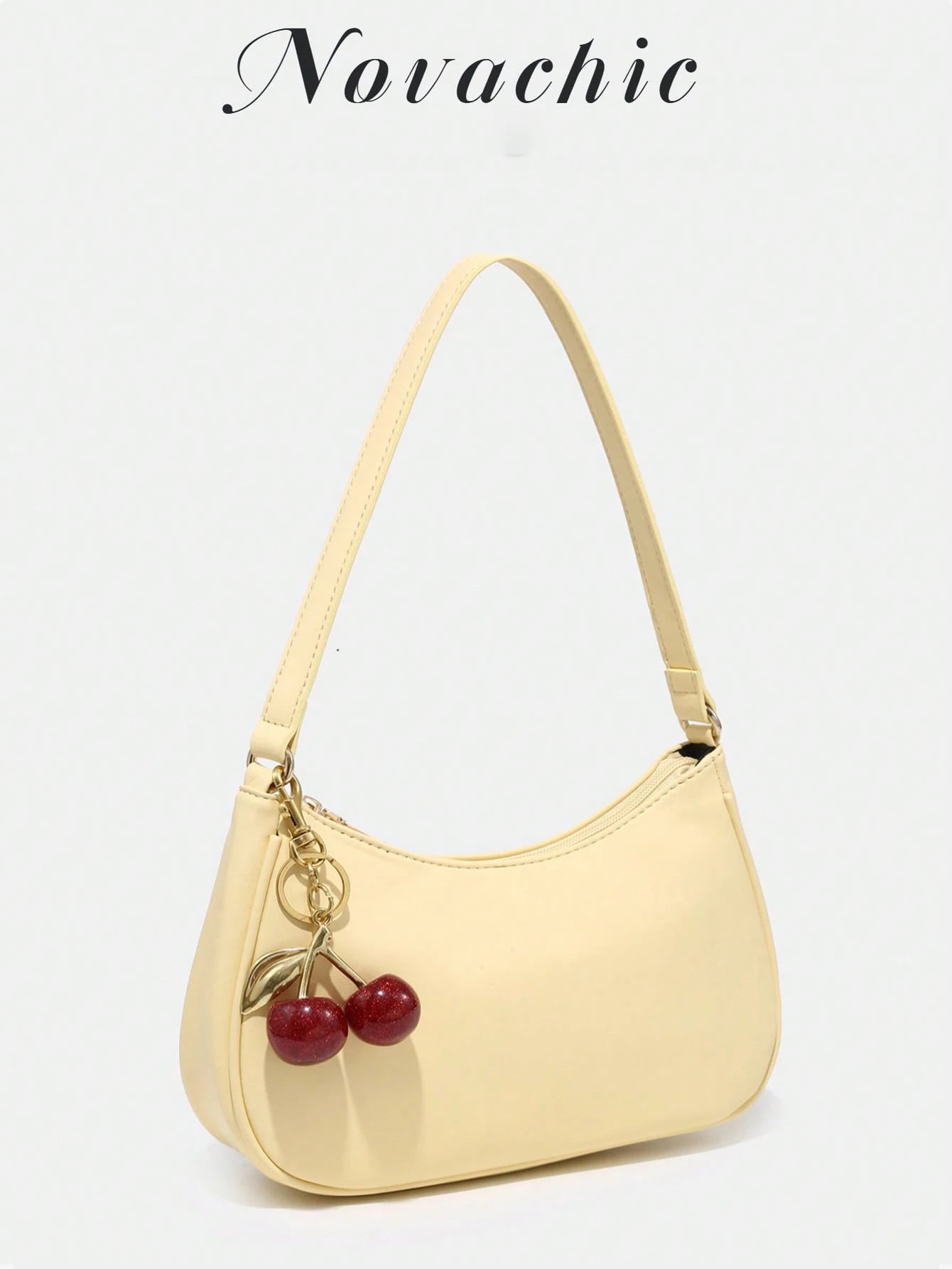 1pc Novachic Spring/Summer Fabric Cute Cherry Decor Accent Minimalist Women Shoulder Bag, Zipper Closure, Retro Style, Underarm Bag, Suitable For Multiple Occasions