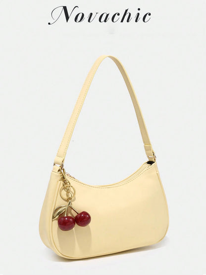 1pc Novachic Spring/Summer Fabric Cute Cherry Decor Accent Minimalist Women Shoulder Bag, Zipper Closure, Retro Style, Underarm Bag, Suitable For Multiple Occasions