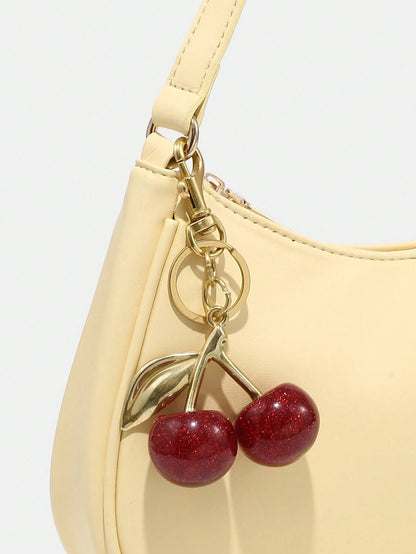 1pc Novachic Spring/Summer Fabric Cute Cherry Decor Accent Minimalist Women Shoulder Bag, Zipper Closure, Retro Style, Underarm Bag, Suitable For Multiple Occasions