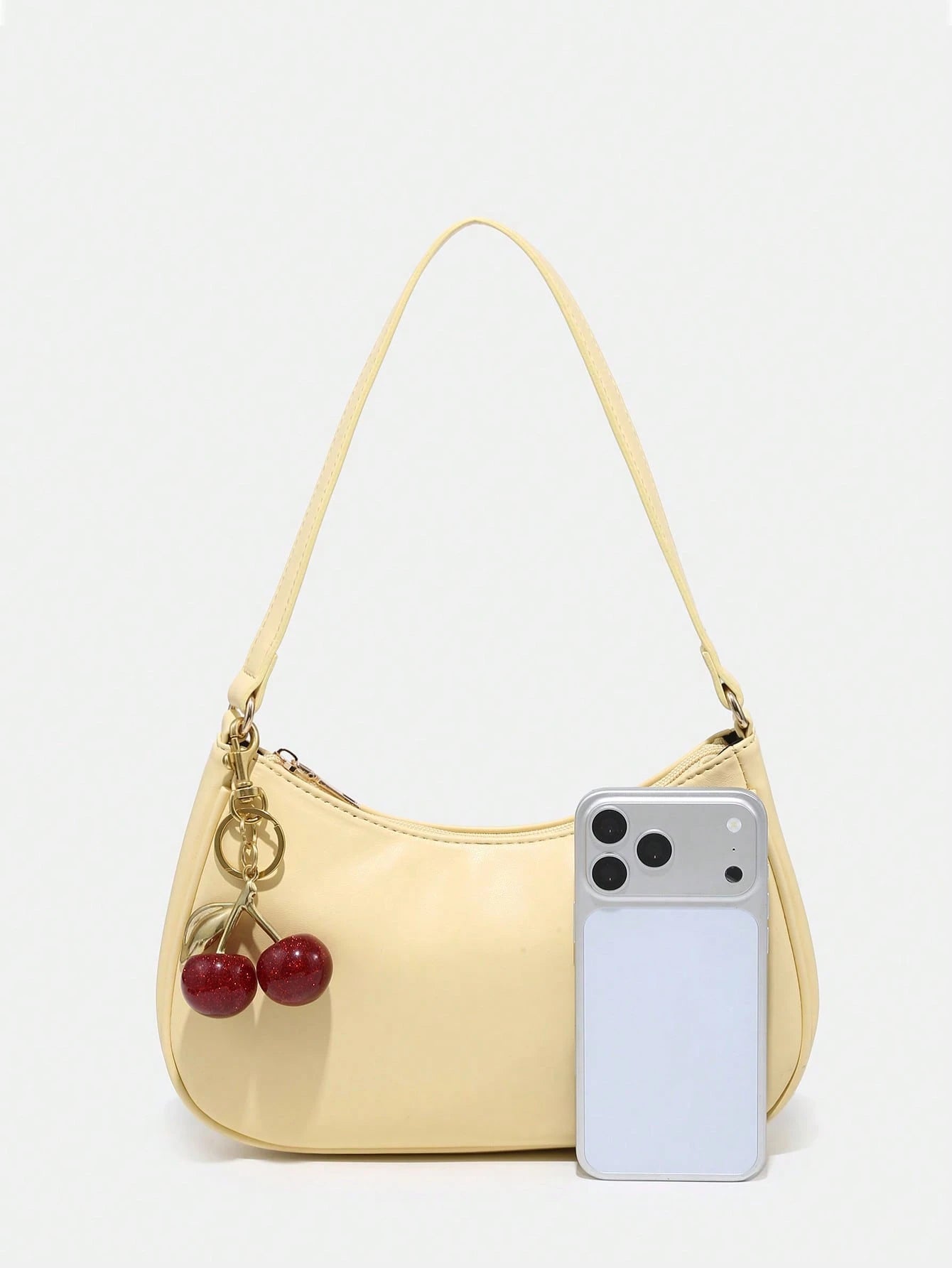 1pc Novachic Spring/Summer Fabric Cute Cherry Decor Accent Minimalist Women Shoulder Bag, Zipper Closure, Retro Style, Underarm Bag, Suitable For Multiple Occasions