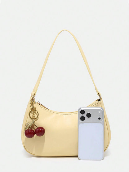 1pc Novachic Spring/Summer Fabric Cute Cherry Decor Accent Minimalist Women Shoulder Bag, Zipper Closure, Retro Style, Underarm Bag, Suitable For Multiple Occasions