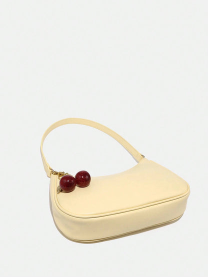 1pc Novachic Spring/Summer Fabric Cute Cherry Decor Accent Minimalist Women Shoulder Bag, Zipper Closure, Retro Style, Underarm Bag, Suitable For Multiple Occasions