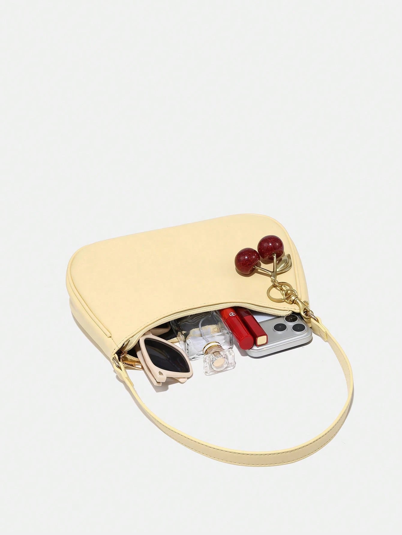 1pc Novachic Spring/Summer Fabric Cute Cherry Decor Accent Minimalist Women Shoulder Bag, Zipper Closure, Retro Style, Underarm Bag, Suitable For Multiple Occasions