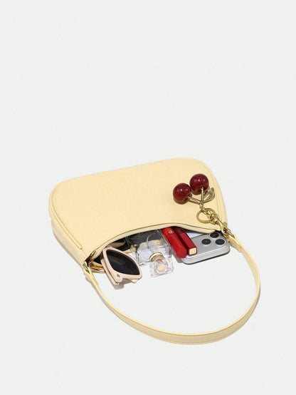 1pc Novachic Spring/Summer Fabric Cute Cherry Decor Accent Minimalist Women Shoulder Bag, Zipper Closure, Retro Style, Underarm Bag, Suitable For Multiple Occasions