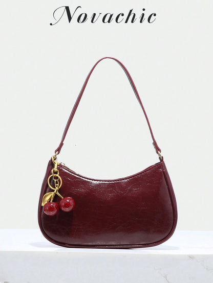 1pc Novachic Spring/Summer Fabric Cute Cherry Decor Accent Minimalist Women Shoulder Bag, Zipper Closure, Retro Style, Underarm Bag, Suitable For Multiple Occasions